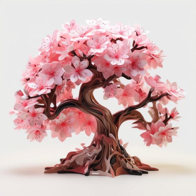 View of 3d tree with beautiful branches and pink leaves