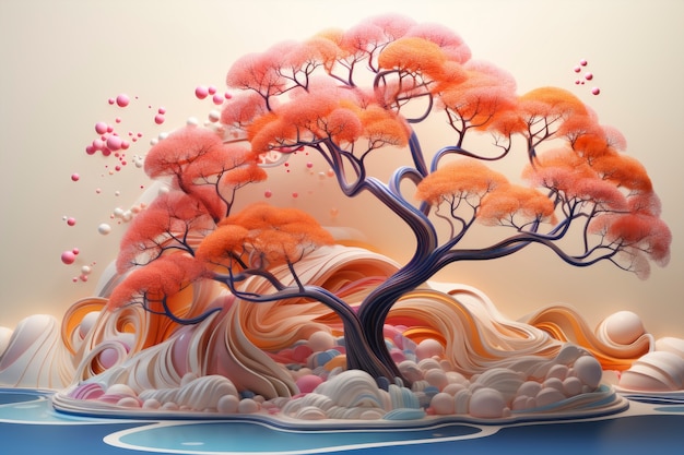 아름다운 분홍색 잎과 추상적 배경을 갖춘 3D 나무 보기
