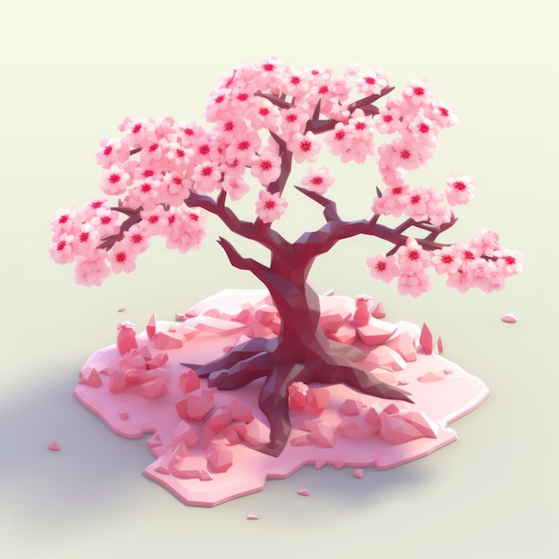 가지와 분홍색 잎이 있는 3D 나무 보기