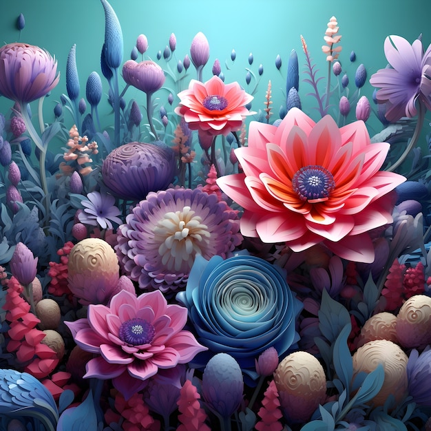 View of abstract 3d mystical landscape with flowers