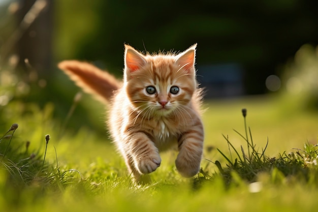 야외 에서 달리는 사랑스러운 새끼 고양이 의 모습