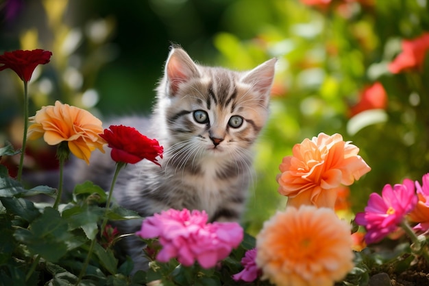 View of adorable kitten with flowers