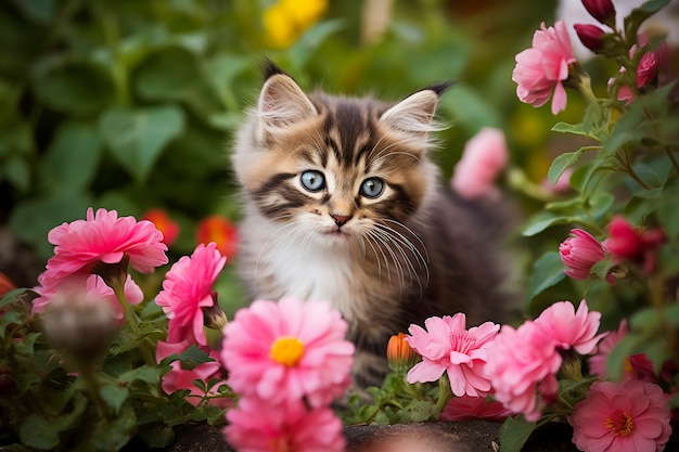 Vista di un gattino adorabile con dei fiori