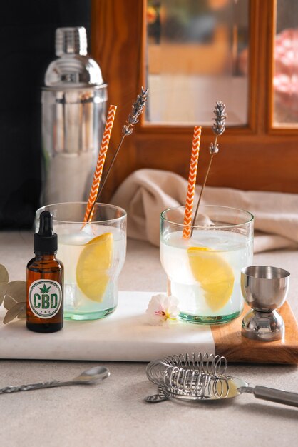 View of alcoholic beverage with cbd oil infusion