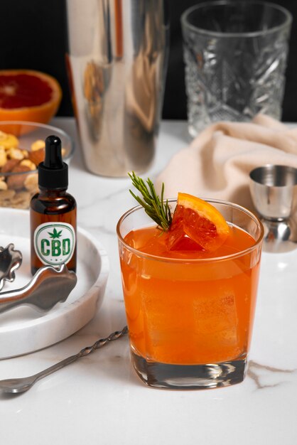 View of alcoholic beverage with cbd oil infusion