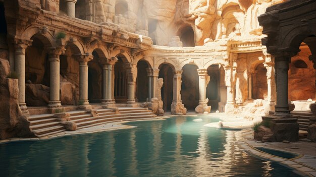 View of ancient roman empire pool next to building