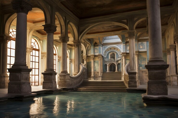 Free Photo view of ancient roman palace with pool