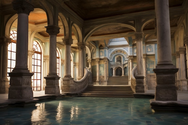 수영장 이 있는 고대 로마 궁전 의 전망