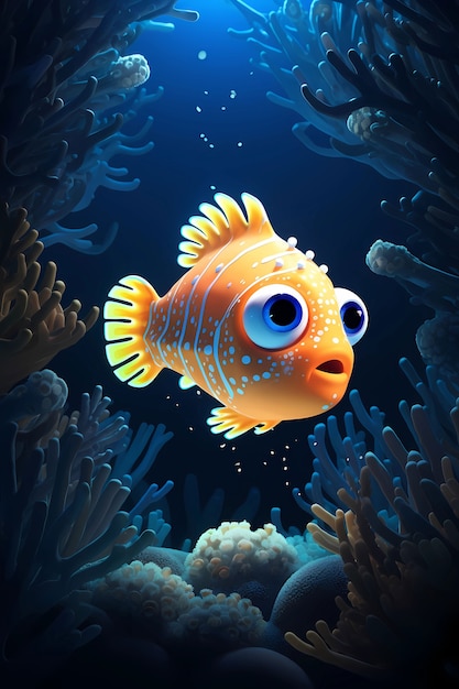 View of animated cartoon 3d fish