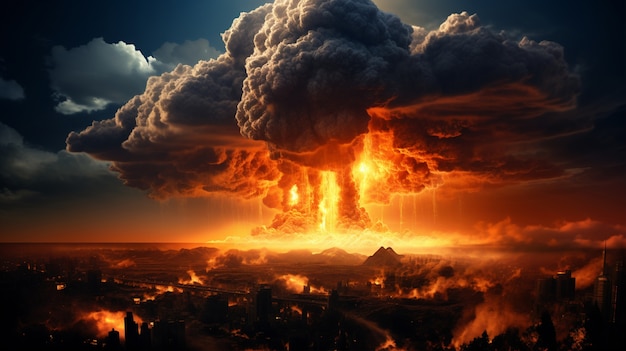 Вид на гриб апокалиптического взрыва ядерной бомбы