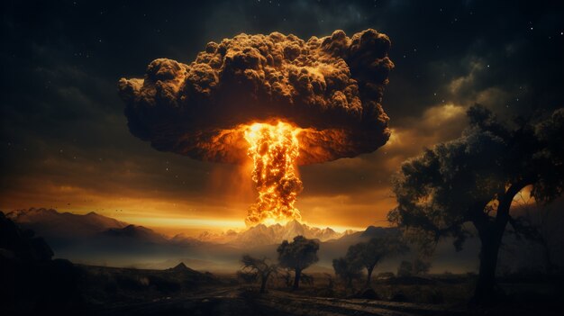 Вид на гриб апокалиптического взрыва ядерной бомбы