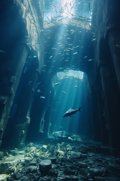 海洋生物と魚がいる考古学的水中建物遺跡の眺め