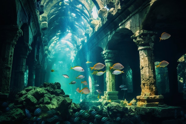 Free photo view of archeological underwater building ruins with marine life and fish