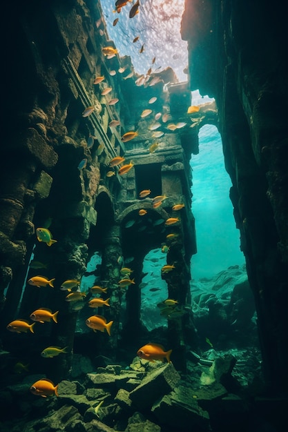 Free photo view of archeological underwater building ruins with marine life and fish
