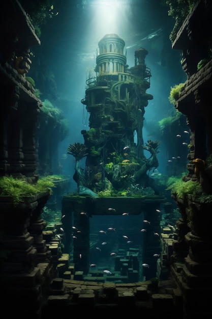 View of archeological underwater building ruins with marine life and fish