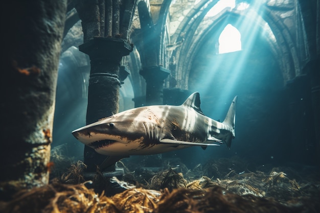 Free photo view of archeological underwater building ruins with shark