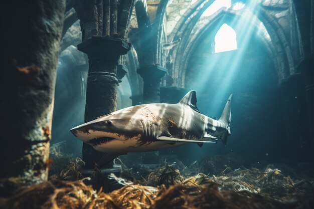 View of archeological underwater building ruins with shark