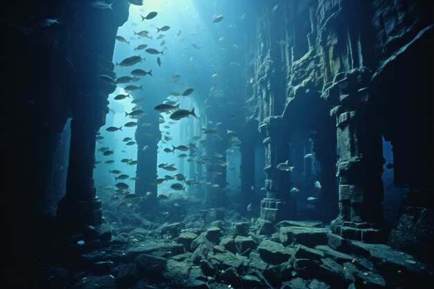 View of archeological underwater building ruins
