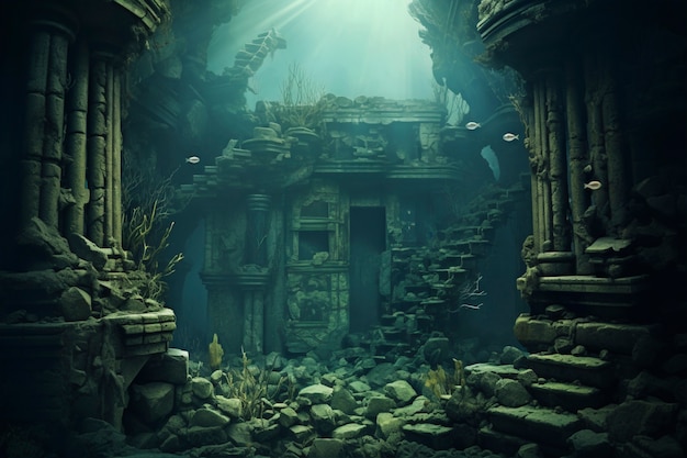 View of archeological underwater building ruins