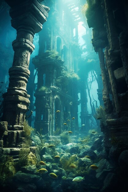 View of archeological underwater building ruins