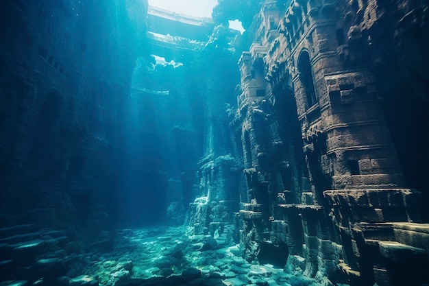 考古学的な水中建物遺跡の眺め