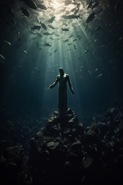 view of archeological underwater statue ruins