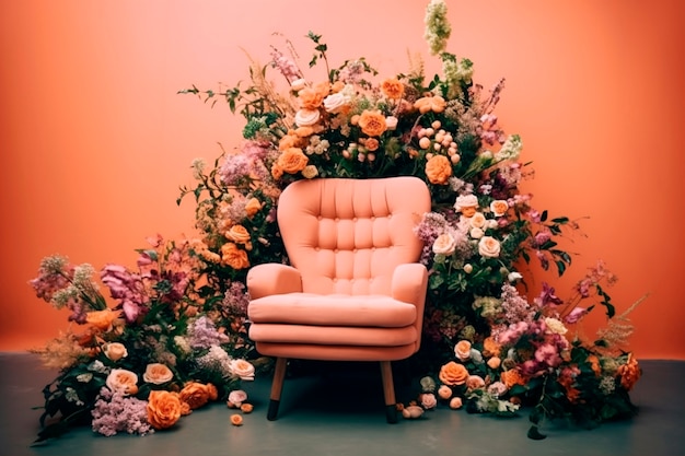 View of armchair with blossoming spring flowers