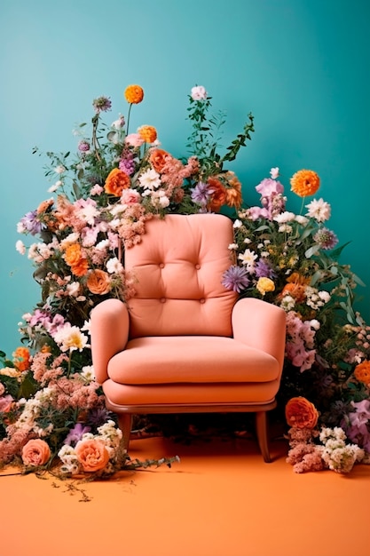 Free photo view of armchair with blossoming spring flowers