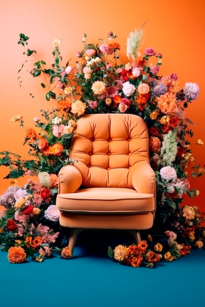 Вид кресла с цветущими весенними цветами