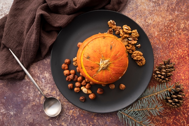 Above view arrangement with pumpkin on a plate