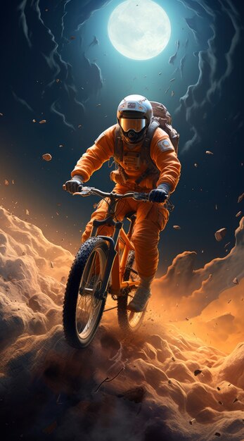 View of astronaut riding bike through clouds in mythical world
