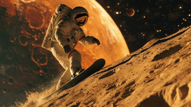 スペーススーツを着た宇宙飛行士が月面でスノーボードをしている様子
