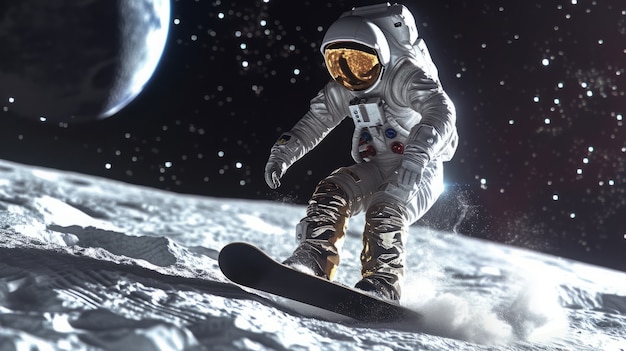 Foto gratuita vista di un astronauta in tuta spaziale che fa snowboard sulla luna