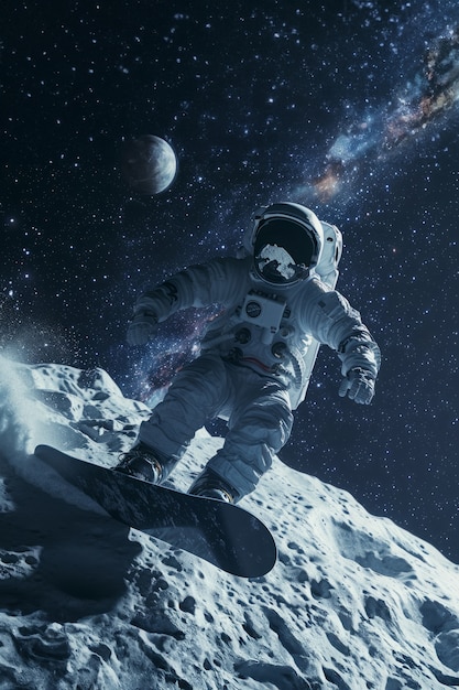 Free photo view of astronaut in spacesuit snowboarding on the moon