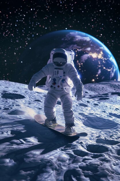 View of astronaut in spacesuit snowboarding on the moon