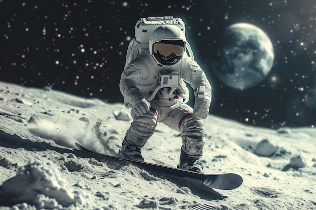 Foto gratuita vista di un astronauta in tuta spaziale che fa snowboard sulla luna