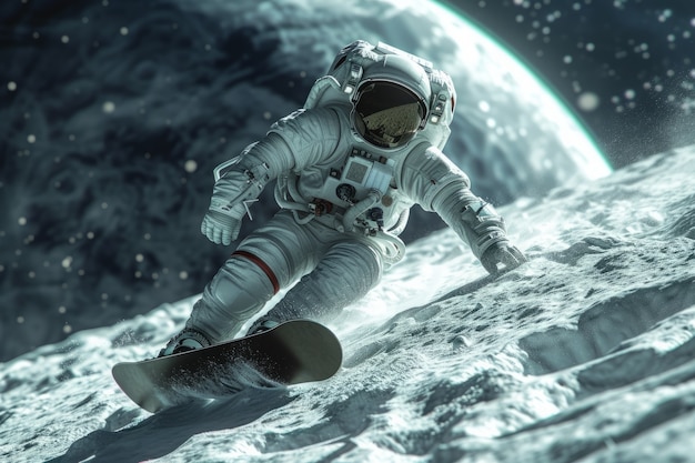 Free photo view of astronaut in spacesuit snowboarding on the moon