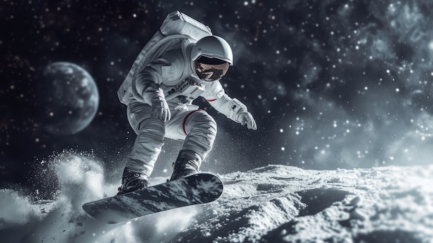 Foto gratuita vista di un astronauta in tuta spaziale che fa snowboard sulla luna