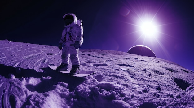 Foto gratuita vista di un astronauta in tuta spaziale che fa snowboard sulla luna