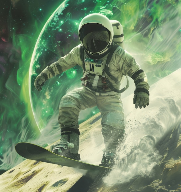 우주복 을 입은 우주인 이 달 에서 스노우보드 를 타고 있는 모습