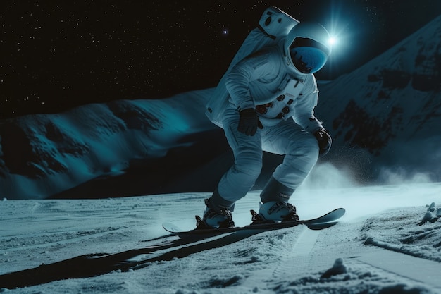 Foto gratuita vista di un astronauta in tuta spaziale che fa snowboard sulla luna