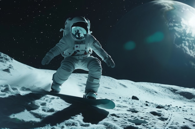 Foto gratuita vista di un astronauta in tuta spaziale che fa snowboard sulla luna