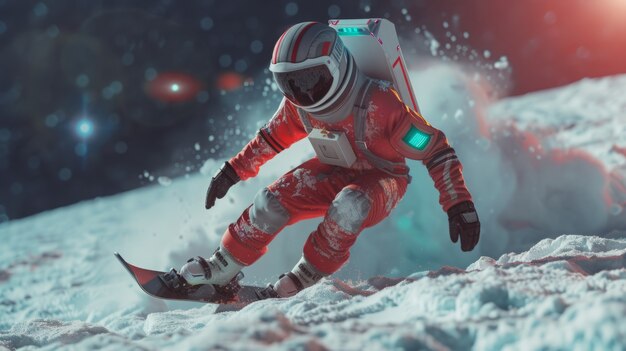 View of astronaut in spacesuit snowboarding on the moon