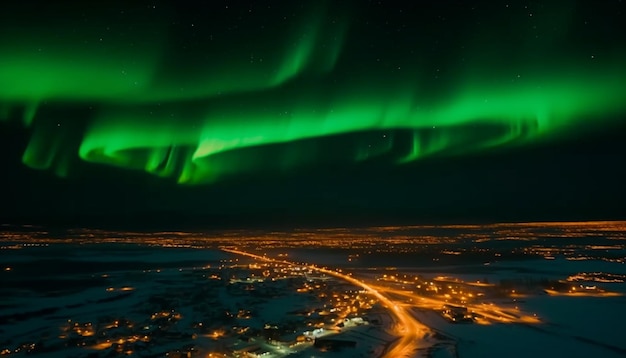 A view of the aurora borealis over a city.