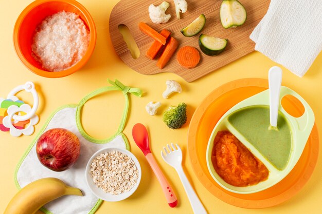 Above view baby food in bowls