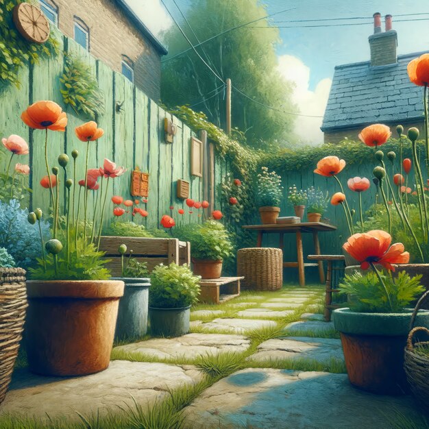 View of backyard garden in digital art style