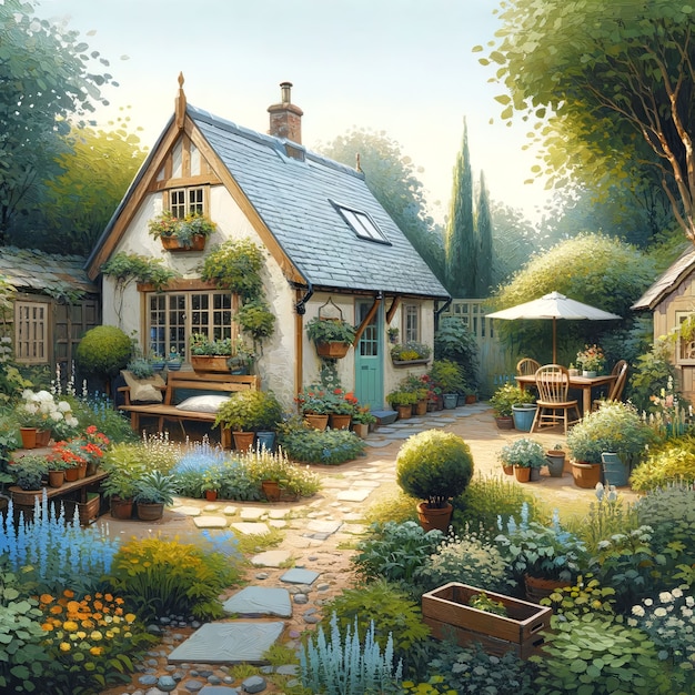 View of backyard garden in digital art style