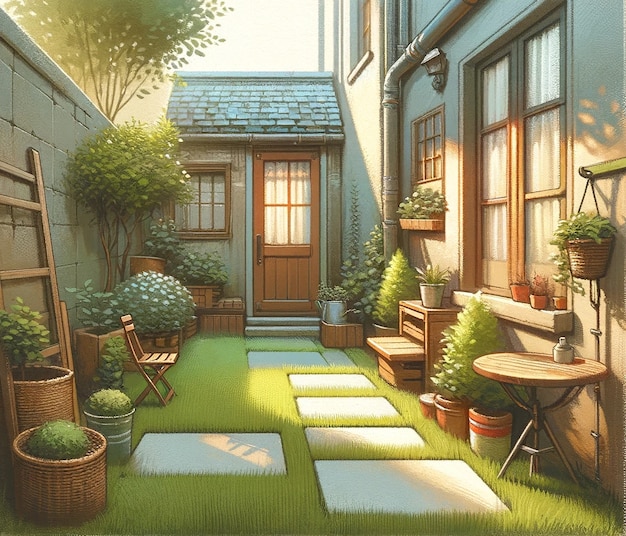 View of backyard garden in digital art style