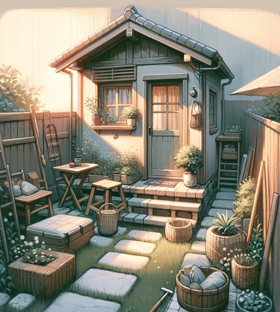 View of backyard garden in digital art style