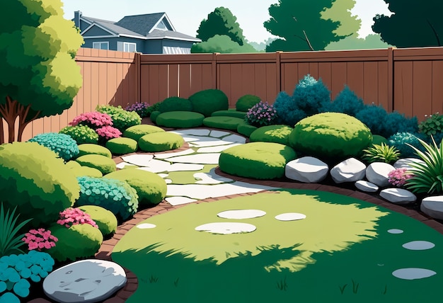 View of backyard garden in digital art style